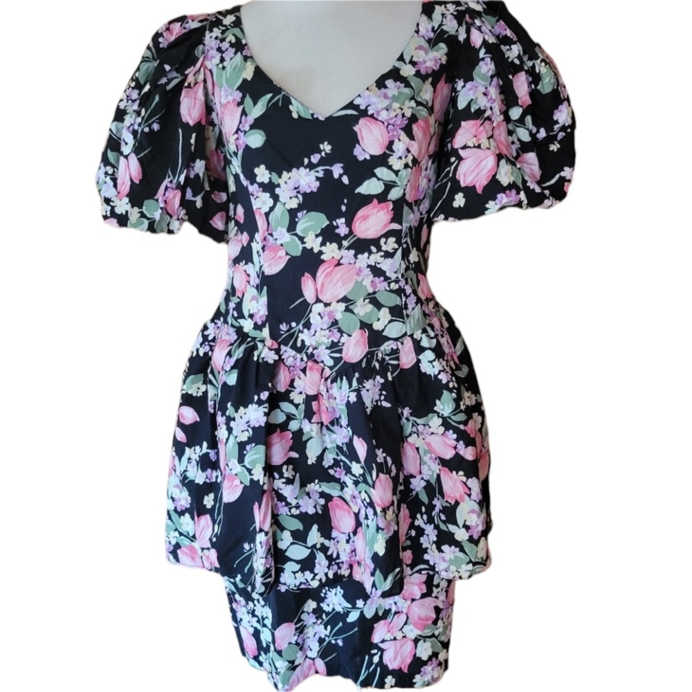 1980s Night Visionz Floral,‎ Cotton Peplum Dress